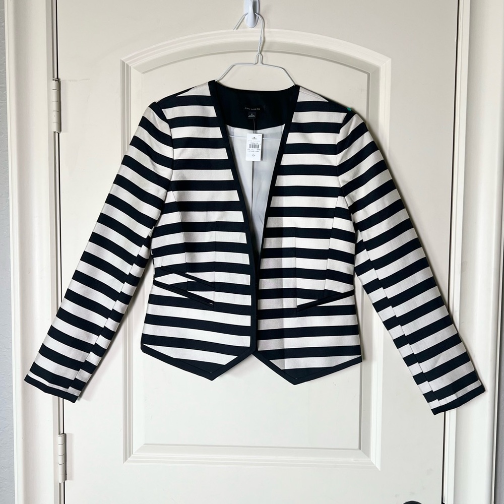 Ann Taylor Striped Blazer NWT – Black & Ivory Classic Open Front Jacket, Size 6